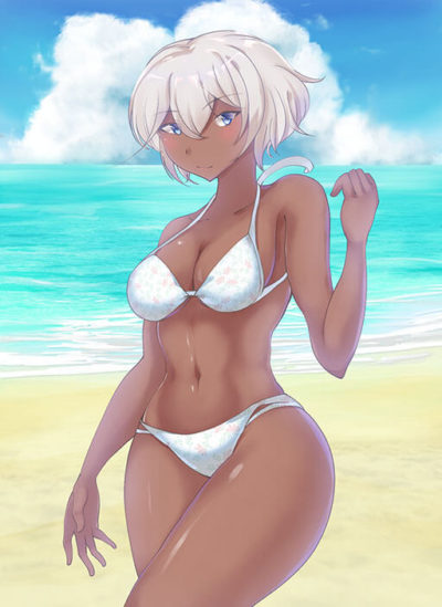 褐色／銀髪／水着